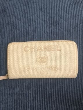 CHANEL Beige Tweed Zip Wallet with Embossed Logo
